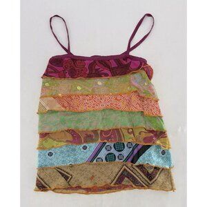 Silly Yeti 100% Silk Tiered Boho  Tie‎ Back Sleeveless Blouse See Measurements